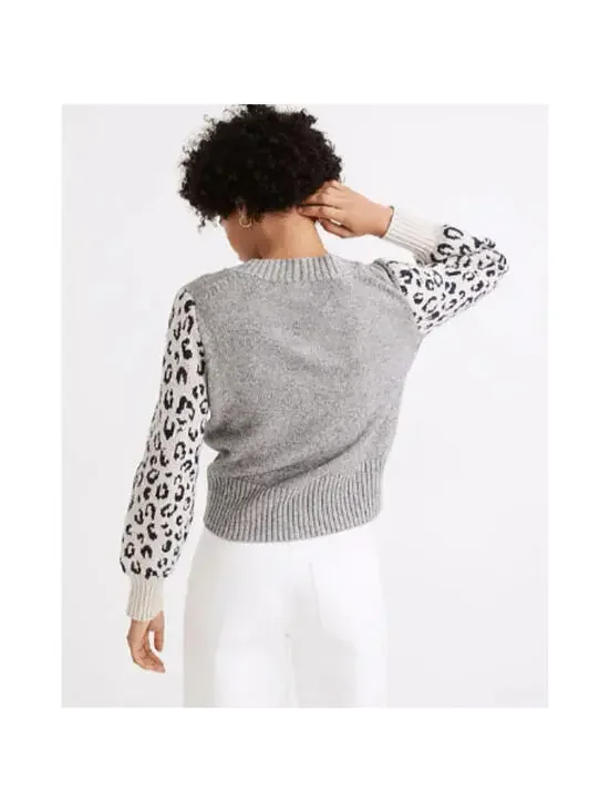 Madewell Gray Tensley Leopard Print Balloon Sleeve Pullover Sweater- Size Small - Picture 2 of 9